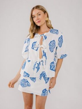 White & Blue Shell-Print Tie-Front Top - Women